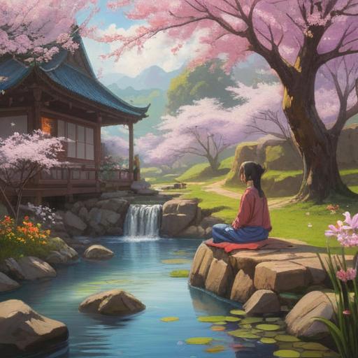 A serene and peaceful landscape, a tranquil garden with blooming flowers, a gentle stream flowing, a person meditating under a cherry blossom tree, soft sunlight filtering through the leaves, calming colors, harmonious atmosphere, mindfulness and tranquility, 4k