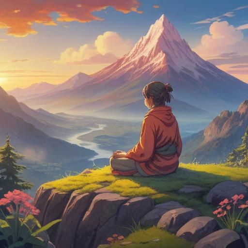 A serene and calming scene depicting a person meditating on a mountain top, surrounded by gentle nature elements, ethereal light emanating from the sky, soft focus on the person’s expression of tranquility, symbols of spiritual awakening like butterflies and flowers, harmonious colors, peaceful atmosphere, connection to nature, 4k