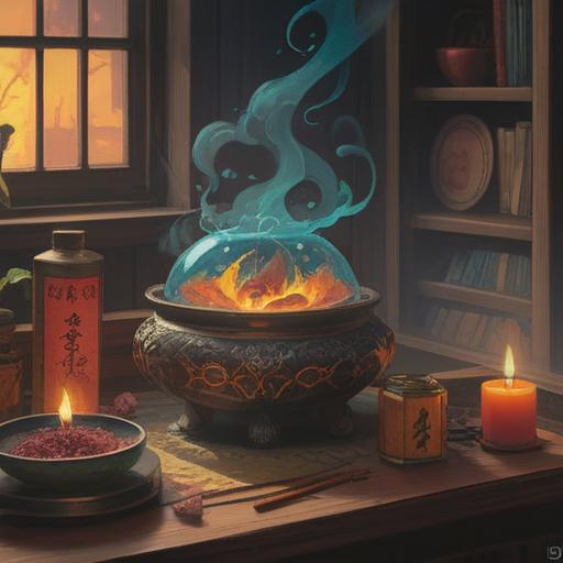 A serene and calming scene, a beautifully arranged incense burner, aromatic smoke wafting gently, soothing natural surroundings, tranquil atmosphere, soft lighting filtering through, stress relief and relaxation theme, harmonious colors, delicate incense sticks, 4k