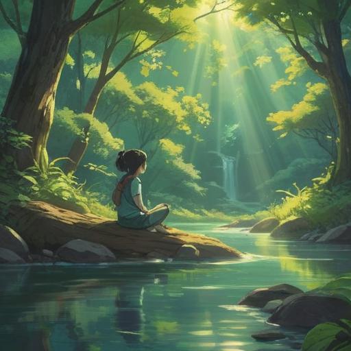A serene landscape depicting peaceful meditation, lush green nature, a tranquil river flowing gently, soft sunlight filtering through the trees, a person sitting cross-legged with closed eyes, harmonious energy surrounding them, colorful flowers blooming nearby, birds singing in the distance, conveying a sense of inner peace and balance, 4k