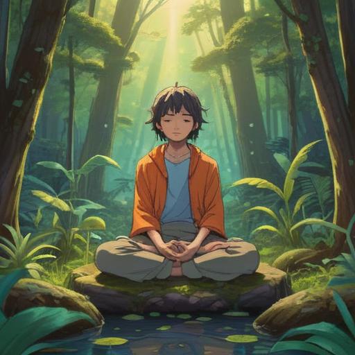 A serene illustration depicting a person meditating in a tranquil forest, surrounded by ethereal light, symbolic images of balance and peace emerging from within, soft flowing energy around them, a blend of nature and spirituality, intricate details of leaves and sunlight filtering through trees, conveying a sense of inner harmony, calming atmosphere, 4k