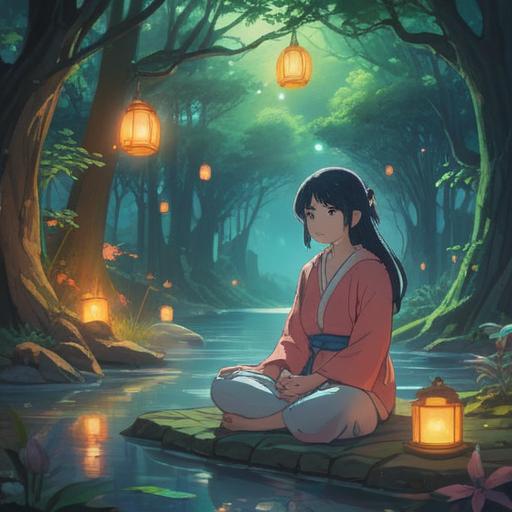 A serene and ethereal landscape, soothing colors, soft glowing lights, a delicate aura surrounding a figure in meditation, symbols of peace and guidance such as feathers and gentle orbs, a tranquil atmosphere with flowing water, hints of nature and spirituality, 4k
