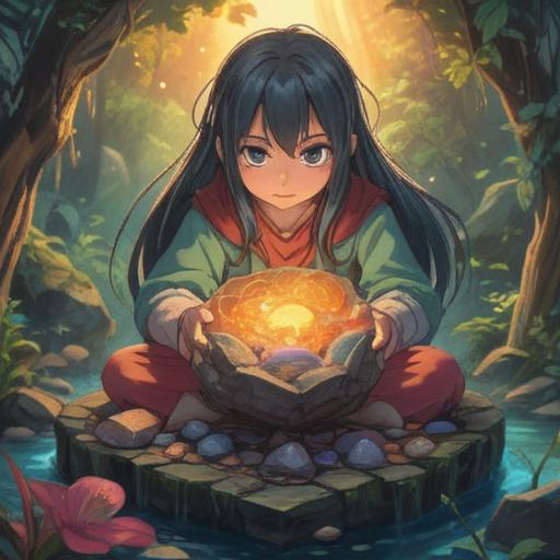 A serene and calming illustration depicting a lucky stone, surrounded by soothing colors and gentle light, symbolic of stability and hope, set against a tranquil nature background with soft flowing water and lush greenery, evoking a sense of peace and emotional balance, 4k