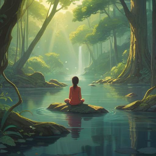 A serene landscape depicting various mindfulness practices, individuals meditating in a tranquil environment, gentle flowing water, soft sunlight filtering through trees, calming colors, peaceful expressions, harmonious nature, detailed scenery, soothing atmosphere, 4k