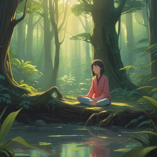 A serene spiritual recovery scene, depicting a person meditating in a tranquil forest, soft sunlight filtering through the trees, gentle streams flowing nearby, calm expressions, healing energy surrounding the individual, vibrant nature, sense of peace and renewal, 4k