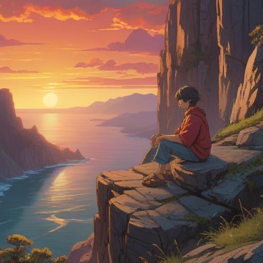 A serene landscape depicting a figure sitting on a cliff, gazing at a vibrant sunset, symbolic of inner emptiness and spiritual clarity, ethereal light illuminating their silhouette, gentle waves crashing against the rocks below, a sense of tranquility and reflection, soft ethereal colors blending in the sky, peaceful atmosphere, 4k