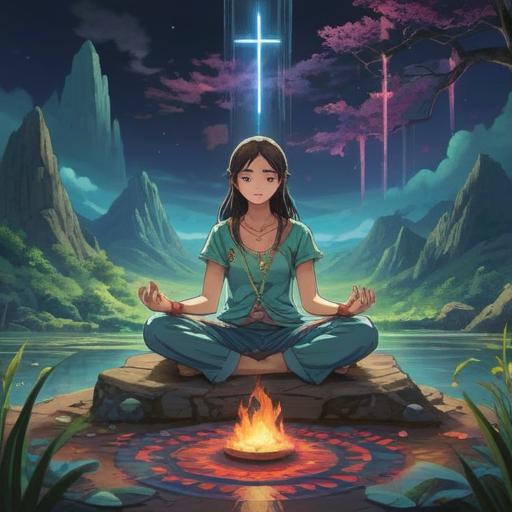 A serene and tranquil landscape, a figure sitting cross-legged in meditation, surrounded by an aura of soft light, symbols of spirituality like lotus flowers and chakras around, a sense of emptiness transforming into peace, gentle flowing water in the background, ethereal colors, calming atmosphere, spiritual awakening themes, 4k