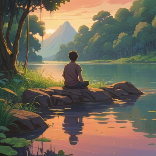 A serene landscape depicting a person meditating by a tranquil lake at sunset, gentle ripples reflecting warm hues, surrounded by lush greenery and wildflowers, a feeling of peace and self-discovery, soft light illuminating the scene, calming atmosphere, emotional connection with nature, 4k