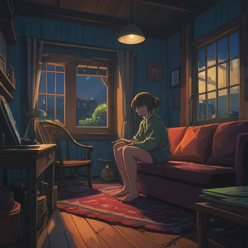 A figurative representation of a person sitting alone in a dimly lit room, shadows reflecting on their face, a faint smile that doesn't reach their eyes, surrounded by symbols of spiritual struggle, such as broken chains and fading light, conveying a sense of internal conflict and yearning for joy, emotional depth, thought-provoking imagery, 4k