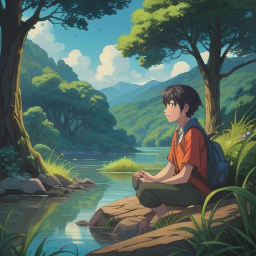 A serene and reflective scene, a person sitting alone in a tranquil setting, surrounded by soft nature, expressing a subtle smile while gazing into the distance, symbolizing inner peace and contemplation, ethereal light filtering through trees, a feeling of connection with the universe, spiritual growth, harmony, soft color palette, detailed background, calming atmosphere, 4k