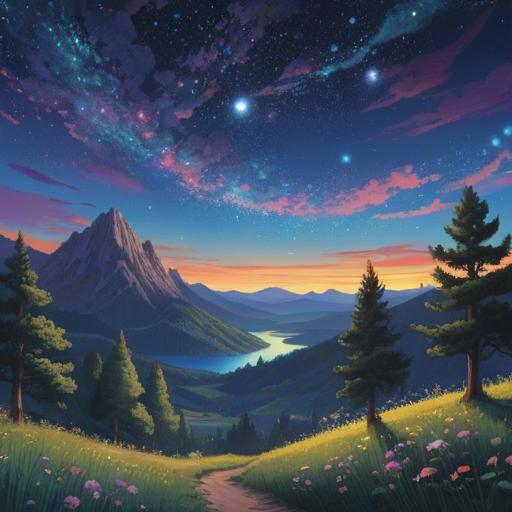 A serene night sky filled with twinkling stars, each star representing dreams and hopes, a tranquil landscape below with gentle hills, soft clouds drifting by, a silhouette of a person gazing upwards in wonder, a feeling of peace and inspiration, luminous colors, 4k