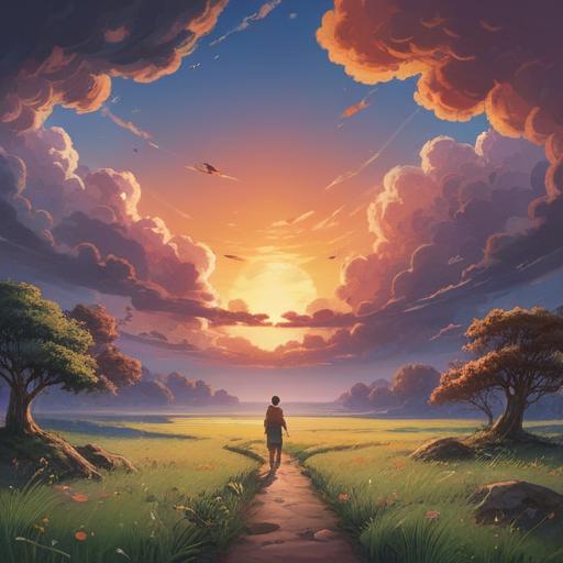 A serene and ethereal landscape, a vast open sky, soft glowing light streaming through the clouds, an empty and tranquil space suggesting peace, gentle rolling hills, a solitary figure sitting in contemplation, surrounded by nature, vibrant flowers, a feeling of inner calm and connection to the universe, watercolor style, calming colors, 4k