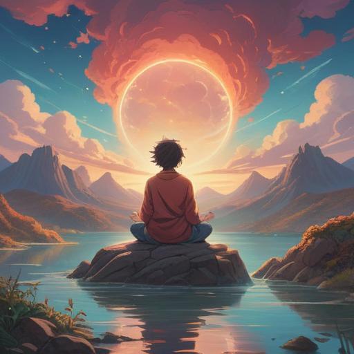 A serene and ethereal landscape, glowing light emanating from a soft cloud, a figure meditating in the foreground, surrounded by gentle nature, vibrant flowers blooming, a sense of peace and connection with the universe, mystical aura, harmonious colors, tranquil atmosphere, 4k