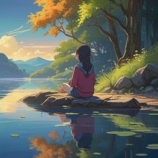 A serene and reflective scene depicting a person sitting quietly by a tranquil lakeside, ethereal light shining down, gentle ripples in the water symbolizing inner peace, soft glow around the individual, vibrant colors of nature surrounding, spiritual symbols subtly integrated in the environment, a sense of connection to the universe, 4k
