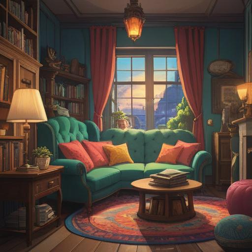 A serene and comforting scene, featuring a cozy room filled with soft, warm light, a plush armchair adorned with colorful cushions, a small table with a steaming cup of herbal tea, gentle sunlight filtering through sheer curtains, a potted plant in the corner, a lucky charm subtly placed on the table, a whimsical and inviting atmosphere, 4k