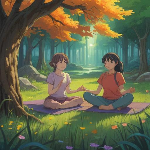 A serene illustration depicting activities for mental healing, a peaceful outdoor setting, individuals engaged in mindfulness practices like meditation and yoga, surrounded by nature, vibrant greenery, soft sunlight filtering through trees, calming water features, harmonious atmosphere, soothing colors, 4k