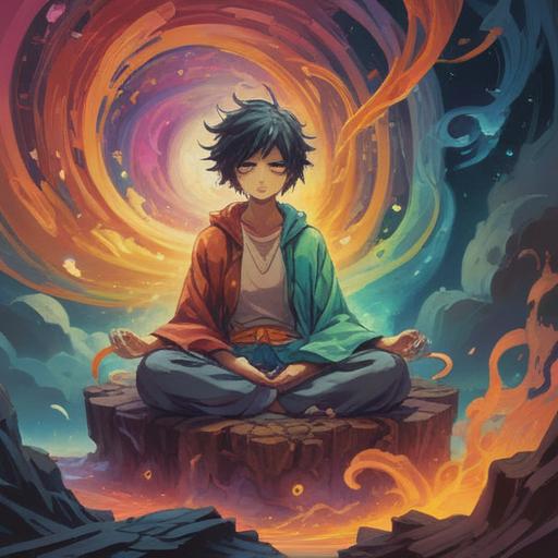 An abstract representation of a cluttered mind, swirling colors, foggy thoughts, ethereal energies, a figure sitting in meditation, surrounded by chaotic elements, light breaking through darkness, contrasting emotions, serene yet tumultuous atmosphere, 4k