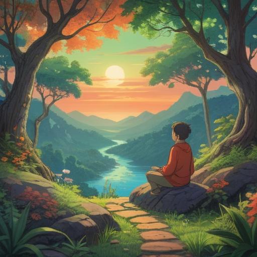 A tranquil scene illustrating healthy habits for mental well-being, a peaceful morning setting with a person meditating in a serene environment, nature elements like trees and flowers, a sunlit landscape, calming colors, signs of mindfulness such as a journal and a cup of herbal tea nearby, promoting relaxation and self-care, harmonious atmosphere, soft light, 4k