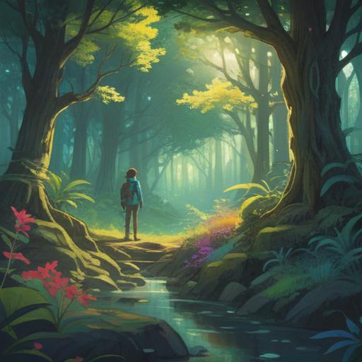 A serene illustration of a person surrounded by nature, feeling a mix of calm and anxiety, ethereal light filtering through trees, subtle signs like feathers and coins appearing in the foreground, symbols of spiritual guidance, a gentle breeze creating movement, soft pastels, tranquil expression, 4k