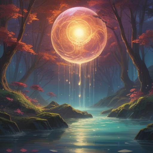 A serene and ethereal landscape, swirling energy patterns, soft light emanating from a central luminous orb, flowing water symbolizing emotions, gentle breeze depicted through rustling leaves, mist weaving through the trees, a sense of tranquility mixed with subtle tension, dreamlike atmosphere, spiritual connection, 4k