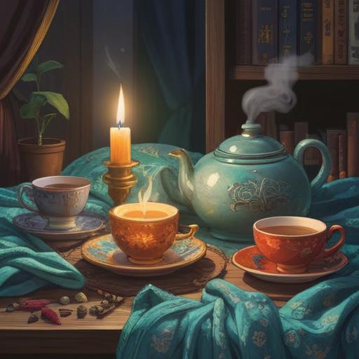 A serene still life illustration, featuring calming objects like a soft blanket, a steaming cup of herbal tea, a lit candle, and a small potted plant, gentle colors, inviting atmosphere, tranquility emphasized, cozy interior setting, 4k