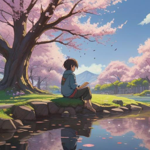 A serene landscape depicting a person sitting under a cherry blossom tree, soft petals falling all around, a gentle breeze stirring the air, a calm river flowing nearby, warm sunlight filtering through the branches, deep reflections on the water, a sense of introspection and spiritual awakening, vivid colors, tranquil atmosphere, 4k