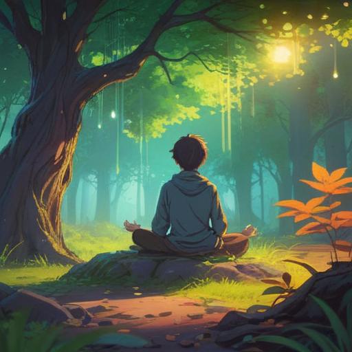 A serene landscape depicting a person meditating under a glowing tree, gentle light filtering through the leaves, a sense of tranquility and connection to nature, butterflies fluttering around, soft waves of energy emanating from the individual, vibrant colors to convey positive energy, spiritual symbols subtly integrated, peaceful atmosphere, 4k