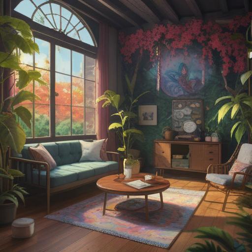 A soothing and inviting scene, featuring a serene space filled with calming essential oils, soft light filtering through leaves, a comfortable seating area with cushions, aromatic bottles placed elegantly on a wooden table, a peaceful ambiance, hints of lavender and citrus scents in the air, promoting relaxation and good luck, 4k