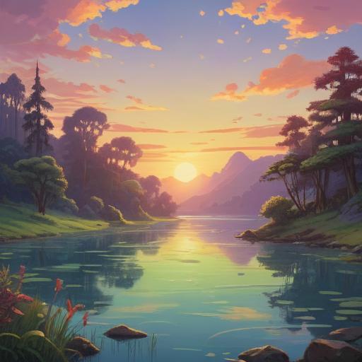 A serene landscape featuring a tranquil lake surrounded by lush greenery, gentle ripples on the water, a soft pastel sunset reflecting on the surface, a solitary figure practicing meditation at the water's edge, calming wildlife like birds and butterflies, peaceful atmosphere, soothing colors, harmonious balance between nature and the human spirit, 4k