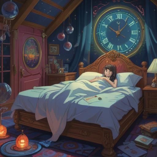 A conceptual illustration of a restless figure lying in bed, surrounded by floating spiritual symbols and ethereal light, a clock showing midnight, soft shadows, a dreamlike atmosphere, a blend of anxiety and tranquility, intricate details in the room, calming yet overwhelming elements, 4k