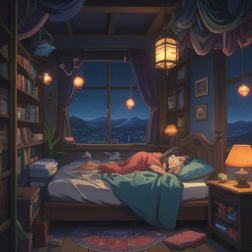 A serene nighttime scene, a person lying awake in bed, surrounded by dreamlike elements, soft glow from the moonlight filtering through the window, ethereal symbols floating in the air, representing spiritual awakening, calm and peaceful atmosphere, reflective mood, gentle shadows, 4k