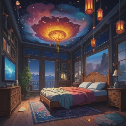 A surreal illustration depicting spiritual signs that appear when one struggles to fall asleep, ethereal figures floating around a restless bed, shimmering lights and shadowy wisps symbolizing anxiety and thoughts, dreamlike landscapes with soft, muted colors, an atmosphere of mystery and introspection, elements like feathers and clocks subtly integrated, 4k