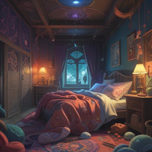 A serene and contemplative scene depicting a person lying in bed, surrounded by floating ethereal symbols representing spiritual signs, soft light filtering through the curtains, a clock showing late morning, scattered crystal stones on the bedside table, a gentle aura conveying a sense of introspection, dream-like atmosphere, vibrant yet calming color palette, detailed textures in bedding and accessories, 4k