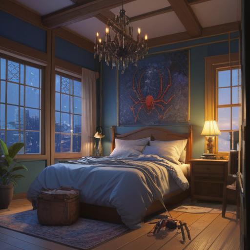 A serene bedroom scene, a large spider gracefully crawling on the wall, soft moonlight filtering through the window, peaceful atmosphere, symbolic representation of spiritual transformation, gentle shadows highlighting the spider's intricate web, bedroom filled with calming colors and cozy textures, thoughtful contemplative mood, 4k
