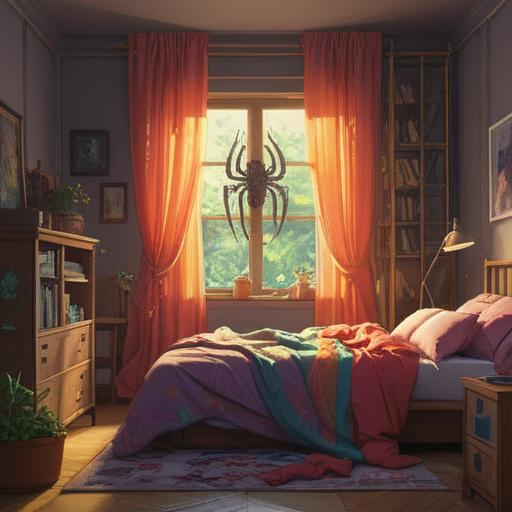 A serene bedroom scene, a delicate spider weaving its web in a corner, soft light filtering through curtains, symbolizing positive spiritual energy, peaceful ambiance, soothing colors, a sense of tranquility, subtle details of nature surrounding the room, hint of spirituality, 4k
