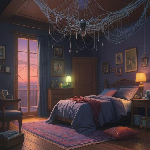 A mystical bedroom scene, a spider weaving a web in the corner, soft moonlight illuminating the space, subtle spiritual symbols around, an aura of caution and awareness, shadows creating an eerie yet intriguing atmosphere, contemplative mood, intricate details in the bedding and decor, 4k