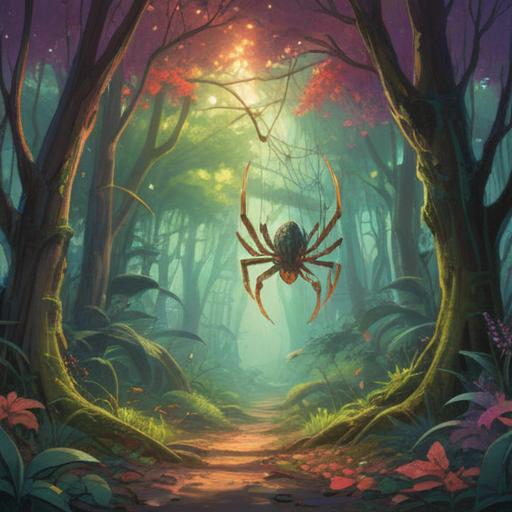 A serene forest scene, a large spider gracefully weaving its intricate web, morning sunlight filtering through the leaves, symbolizing clarity of mind and inner peace, vibrant colors, gentle breeze, harmonious atmosphere, delicate details in nature, 4k