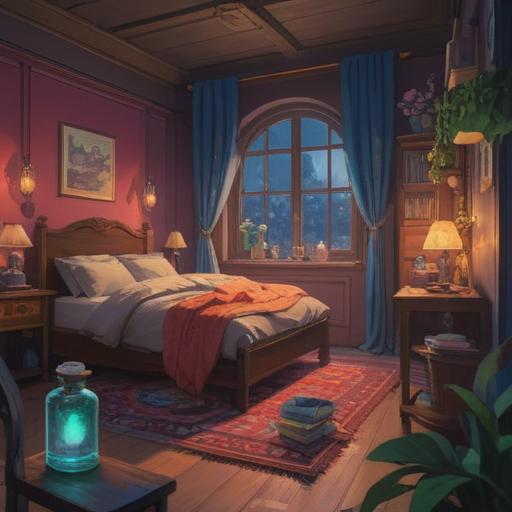 A serene night scene, a softly lit bedroom, a bottle of perfume on a bedside table, fragrant mist swirling in the air, calming aura, spiritual symbolism of sleep, peaceful ambiance, moonlight casting gentle shadows, essence of relaxation and tranquility, 4k