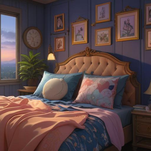 A serene bedroom scene, gentle twilight lighting, a whimsical aura of tranquility, delicate perfume bottles on a bedside table, soft pillows and blankets, a dreamy atmosphere, faint glowing orbs symbolizing spiritual signs, an open window letting in a gentle breeze, calming colors, 4k