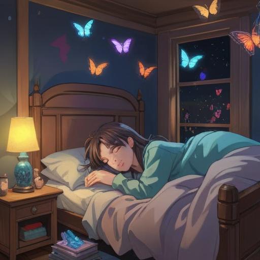 A serene bedroom scene, a person applying sleep perfume, subtle glowing aura surrounding the bottle, butterflies representing spiritual signs, calming colors, soft lighting, an open window letting in moonlight, tranquil atmosphere, gentle reminder notes on the wall, 4k