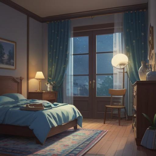 A tranquil bedroom scene, soft moonlight filtering through curtains, a bottle of sleep perfume on a bedside table, a glowing lucky stone resting beside it, calming colors, gentle shadows, a cozy atmosphere, hints of dreamlike elements, peaceful ambiance, 4k