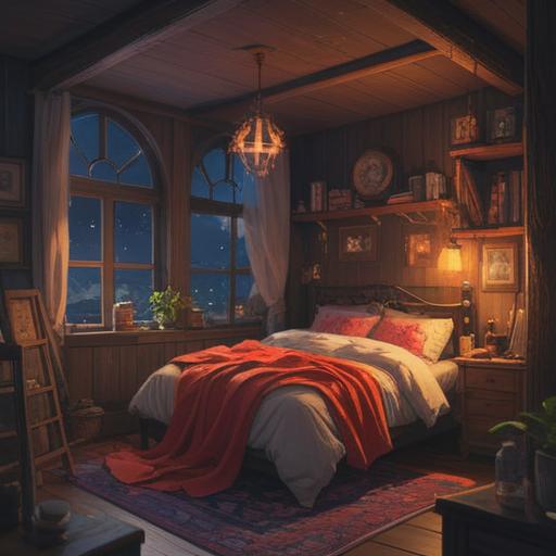 A serene night scene, a cozy bedroom filled with soft pillows and blankets, a soothing bottle of sleep perfume on the nightstand, a glimmering lucky stone nearby, twinkling stars visible through the window, gentle light illuminating the room, calming colors and tranquil atmosphere, inviting dreams and restful slumber, 4k