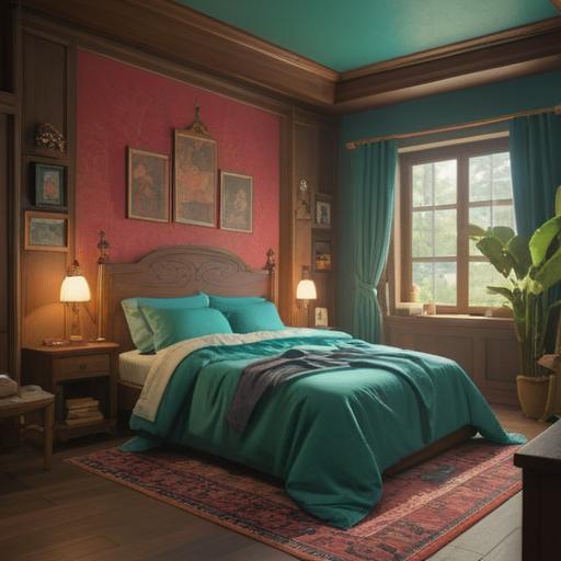 A serene bedroom scene, showcasing a beautifully arranged bed with fresh linens, calming colors that evoke peace and tranquility, soft lighting creating a warm atmosphere, subtle spiritual symbols incorporated into the bedding design, natural elements like plants and crystals enhancing the spiritual vibe, an inviting and peaceful space, promoting personal renewal and energy cleansing, harmonious surroundings, 4k