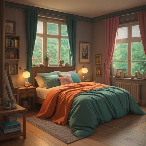 A serene bedroom scene featuring a beautifully arranged bed with freshly changed bedding in calming colors, soft natural light filtering through the curtains, subtle spiritual symbols incorporated into the decor, harmonious atmosphere, inviting and peaceful energy, an open window allowing gentle breezes, plush pillows and cozy blankets, 4k
