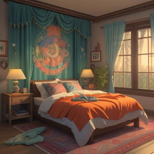 A serene bedroom scene, soft natural light filtering through the curtains, a neatly arranged bed with different types of bedding, subtle symbols of spiritual signs such as feathers and crystals, calming color palette, a peaceful atmosphere, hints of mindfulness and self-care, intricate details in the decor, inviting and tranquil ambiance