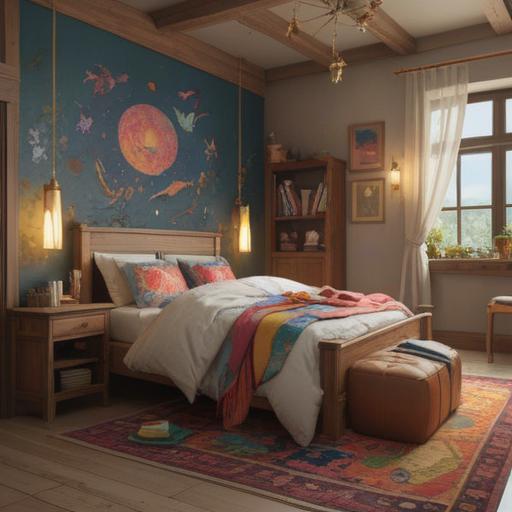 A serene bedroom setting, featuring a beautifully arranged bed with vibrant and colorful bedding, soft and cozy pillows, an inviting atmosphere, natural light streaming through a window, plants in the background symbolizing growth and prosperity, an aura of positivity and luck, detailed decor elements reflecting good fortune, 4k