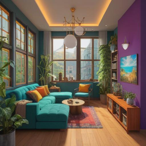 A modern interior design showcasing elements that enhance positive energy, bright colors, harmonious arrangement, natural light filtering through large windows, plants strategically placed for good luck, a cozy seating area, decorative accents that symbolize prosperity, inviting atmosphere, 4k