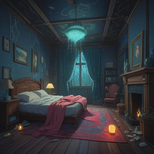 A surreal illustration depicting a restless night, ethereal spirits emerging from shadows, ominous symbols appearing in the room, a sense of unease and discomfort, soft moonlight filtering through the window, intricate details in the surroundings, tense atmosphere, whispers of ancient warnings, dreamlike quality, 4k