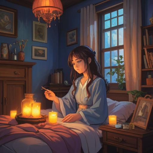 A serene bedroom scene, a young woman relaxing with a calming essential oil diffuser, soft glows of warm light, scattered aromatic candles, peaceful atmosphere, moonlight filtering through the curtain, a gentle breeze, hints of lavender and chamomile in the air, cozy blankets, a sense of tranquility, 4k