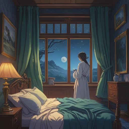 A spiritual illustration depicting the concept of night sweats, ethereal atmosphere, serene bedroom setting, moonlight filtering through the curtains, a figure in deep sleep, symbolic representation of cleansing energy, gentle waves of light, calming colors, sense of transformation, exploration of the subconscious, 4k